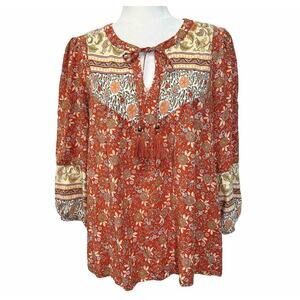 Jane And Delancey Floral 3/4 Sleeve Hi Lo Swing Top Tassel Tie Boho Peasant sz L
